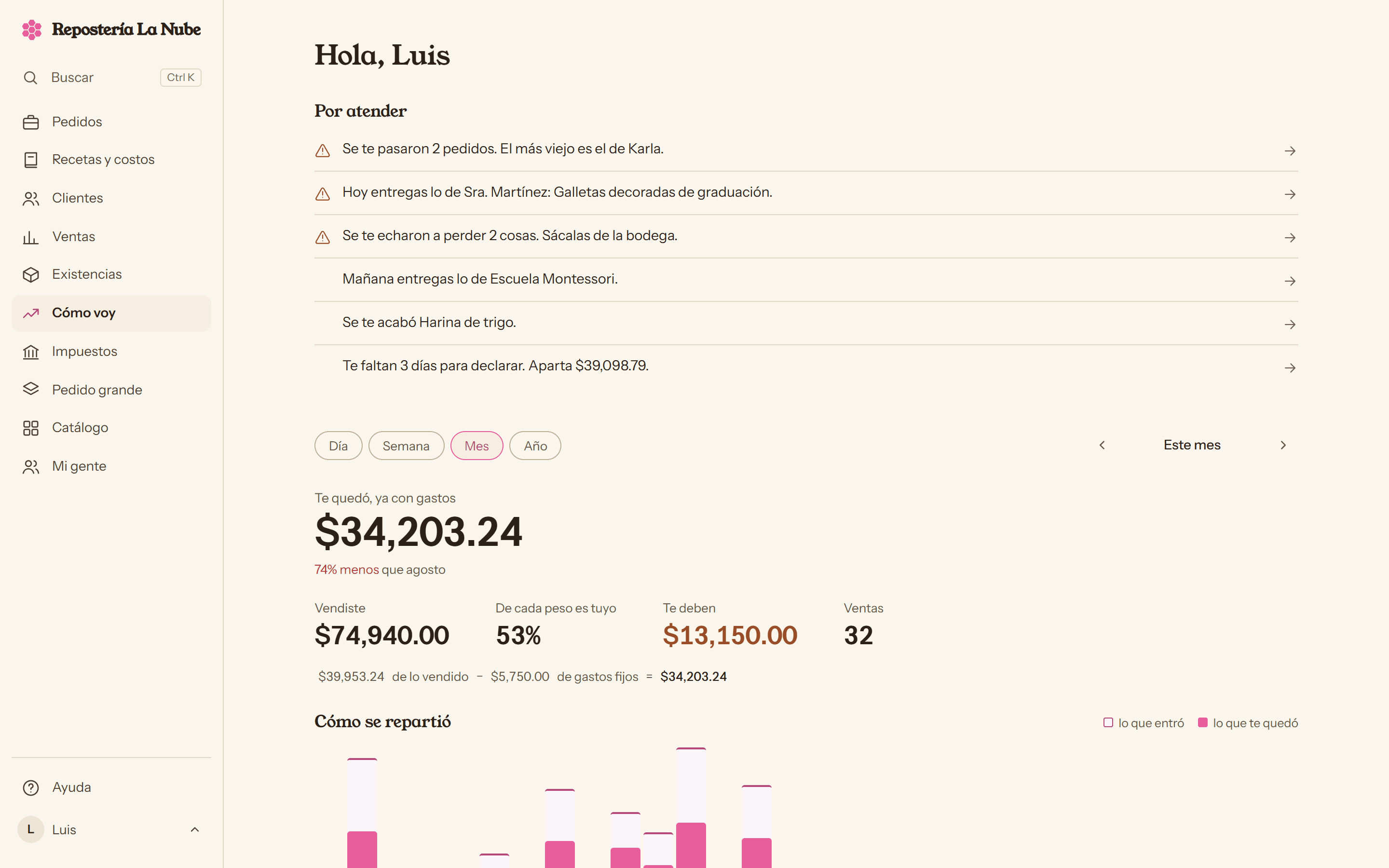 La pantalla Cómo voy de Panal, con lo pendiente y el resumen