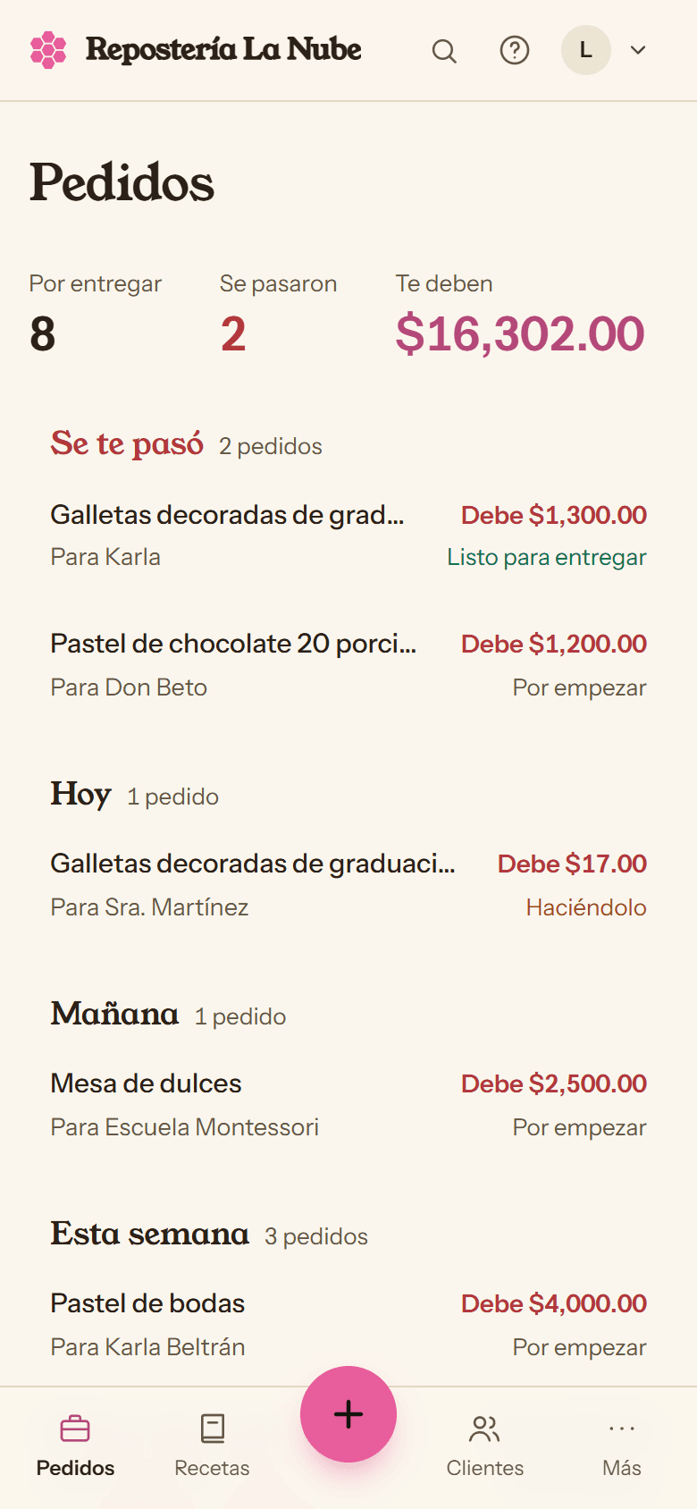Panal con los pedidos de una repostería, en el celular